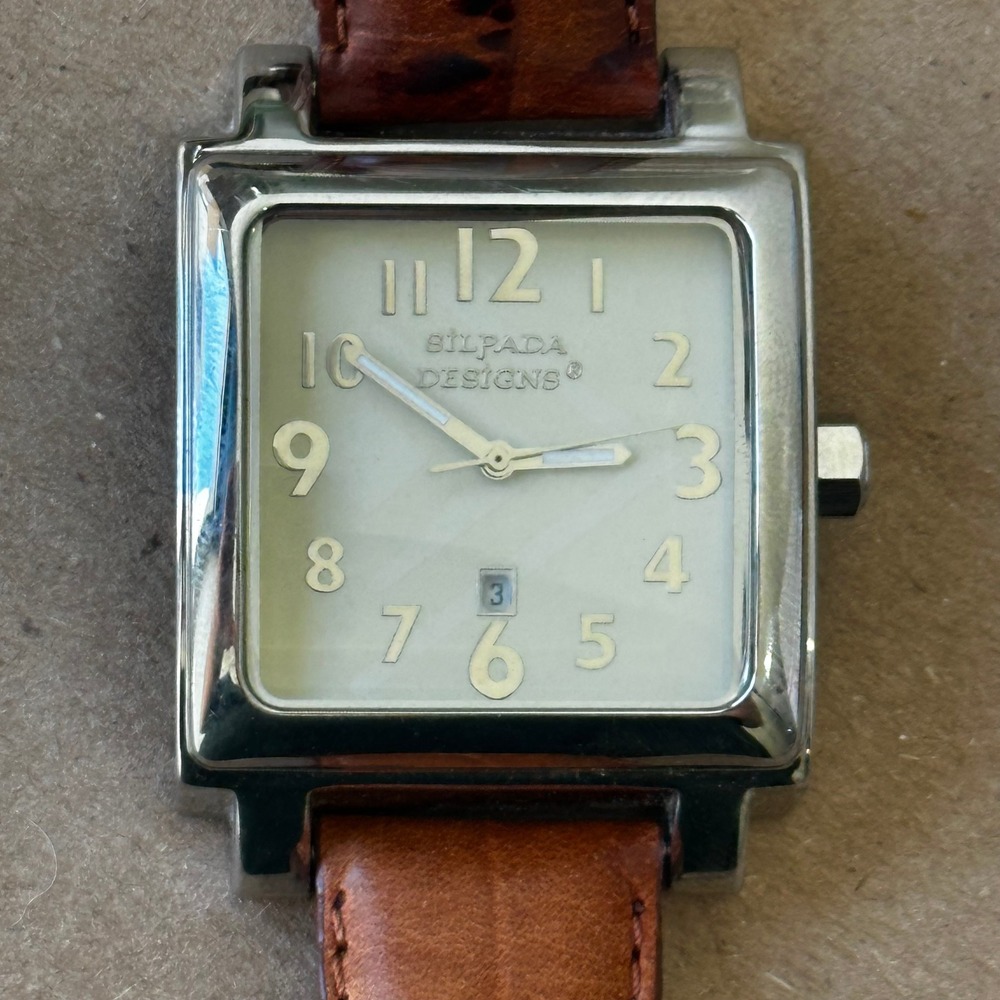 Silpada Designs Square Face Watch Silver Tone Date Brown Strap - New Battery